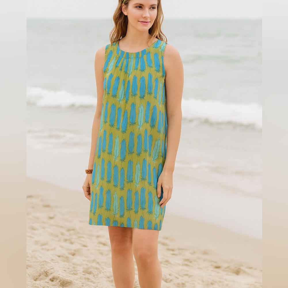 Fossil Women’s Chiffon Blue Feather Sleeveless Dress Small Beach Tropical Resort